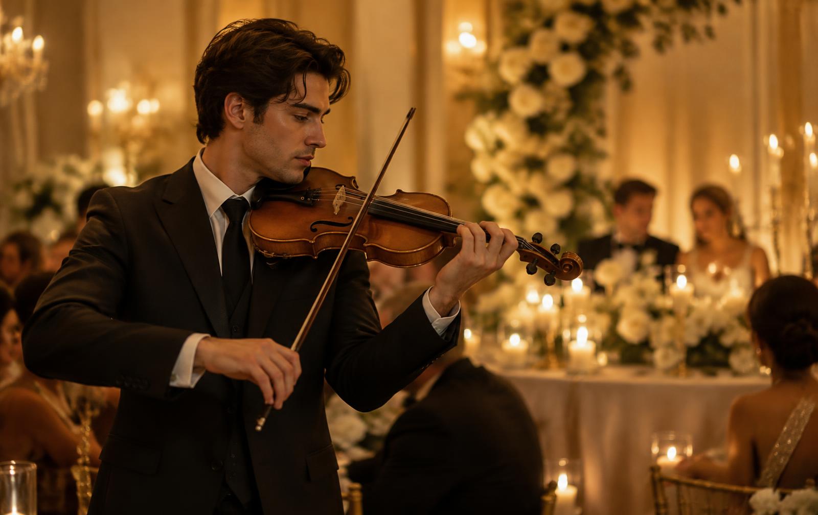 Luke performing violin at a candlelit wedding