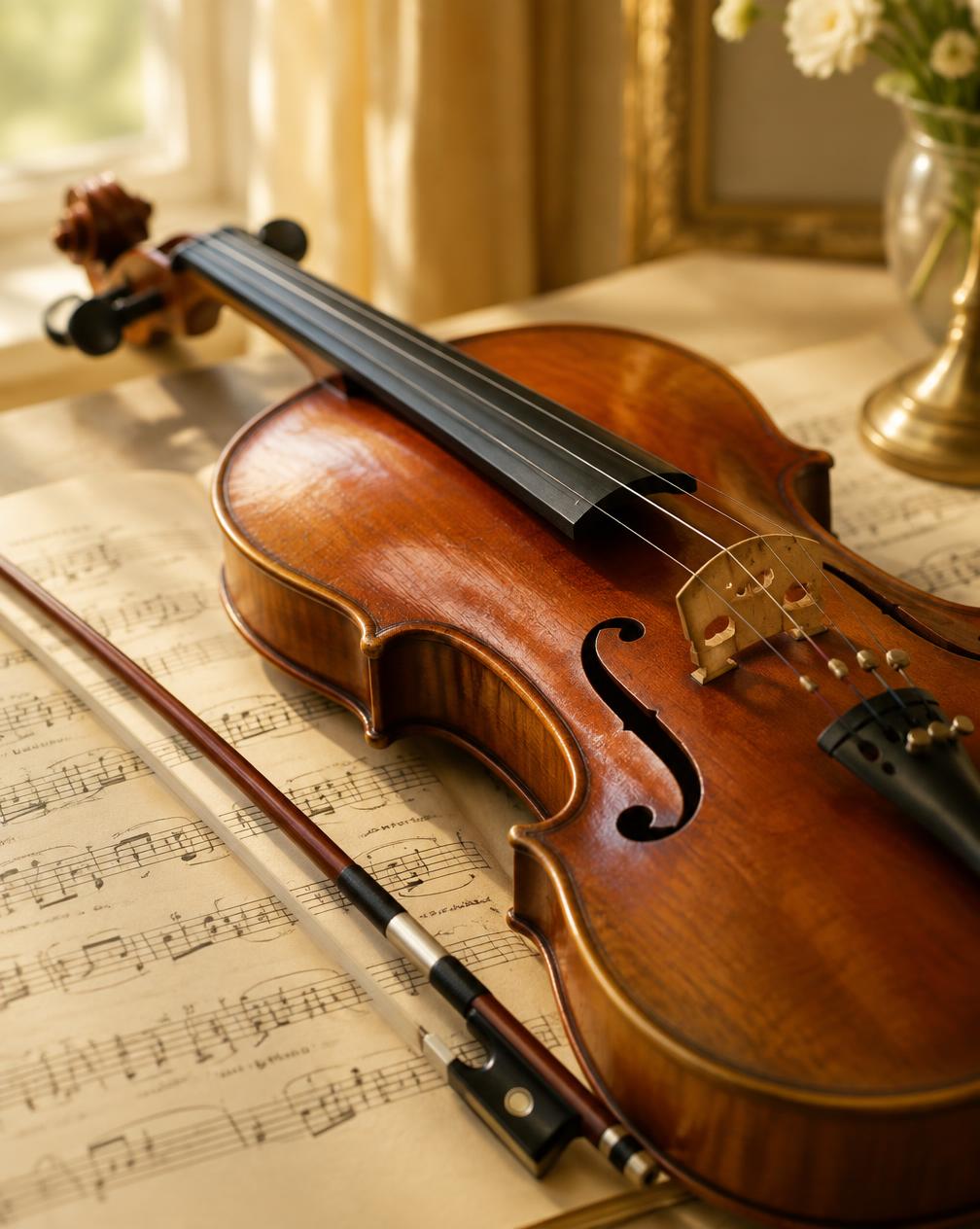 Violin resting on sheet music